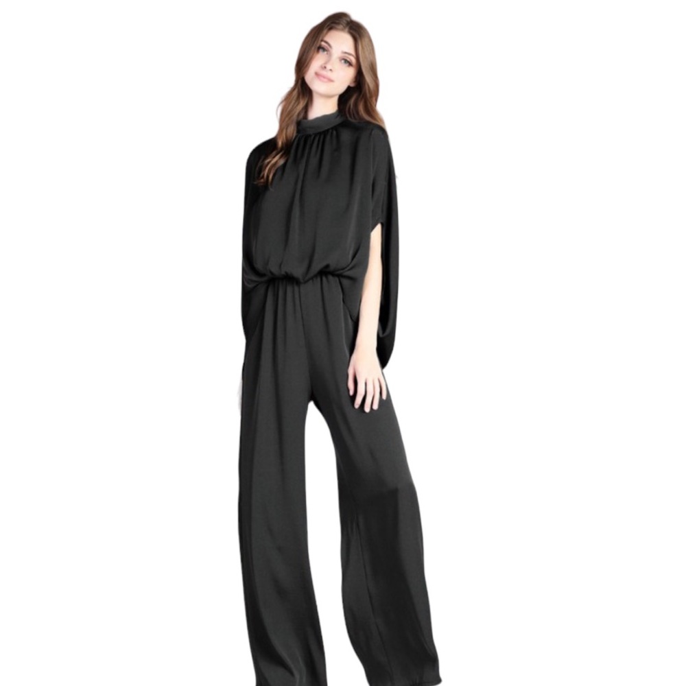 NWT Black Washed Poly Silk Mock Neck Caftan Jumpsuit